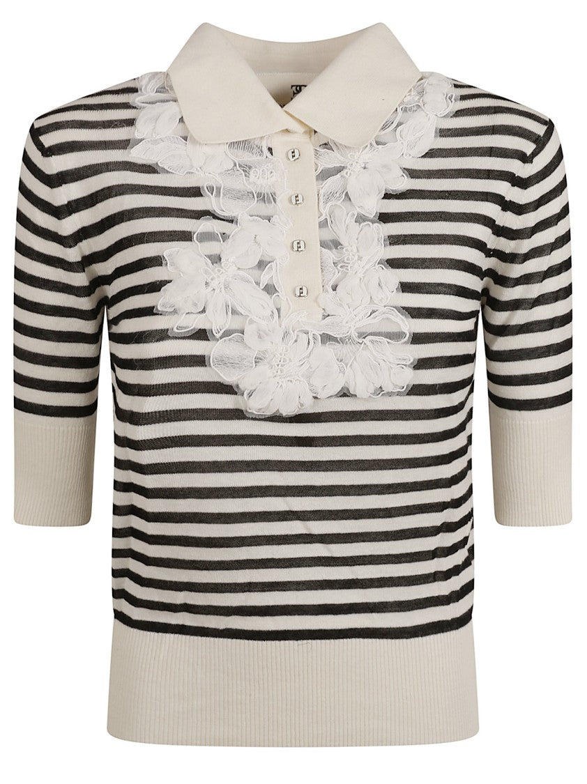 Ermanno Scervino Collared Striped T-Shirt With Floral Appliqué