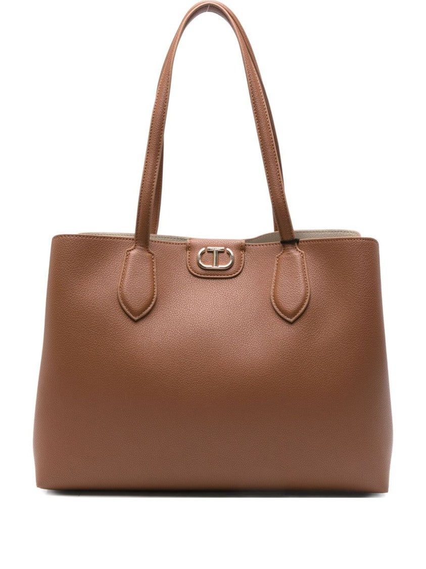 Twin-Set Structured Tote Bag With Smooth Pebbled Texture And Metallic Detail