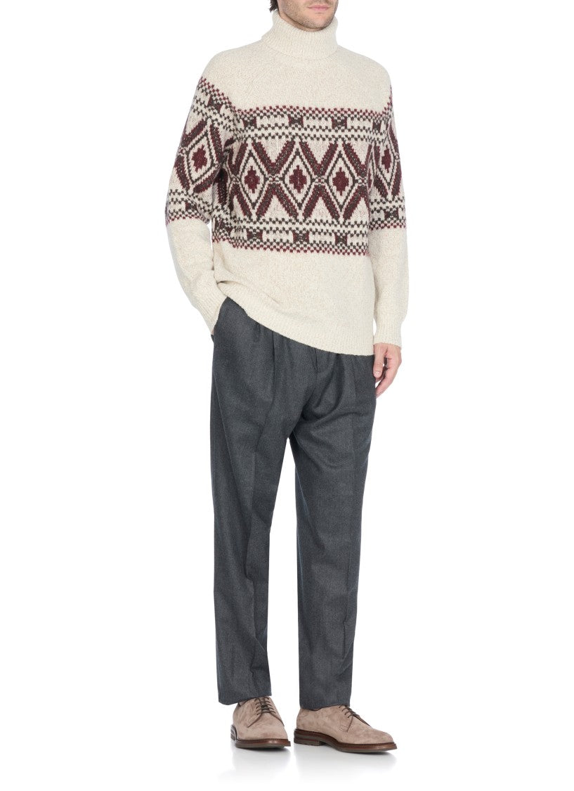 Brunello Cucinelli High Neck Beige Wool And Silk Sweater