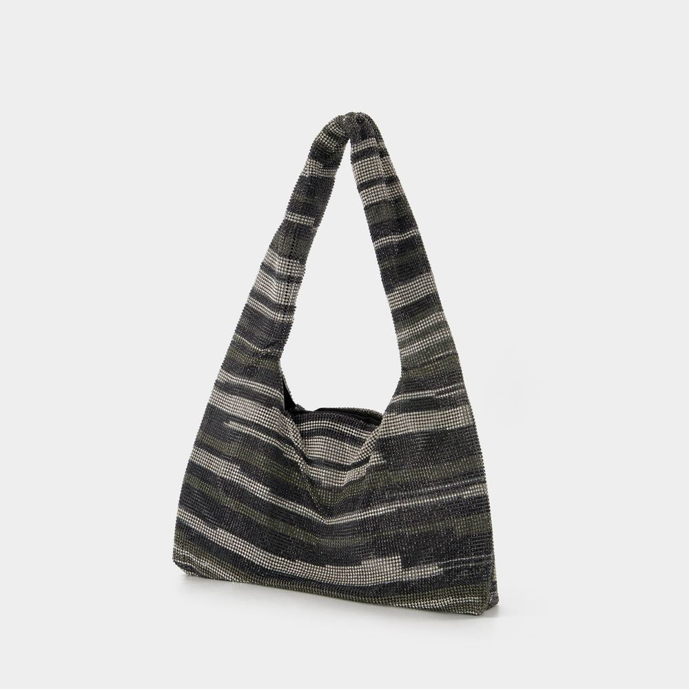 Kara Crystal Mesh Armpit Hobo Bag  - Black Stripes - Strass
