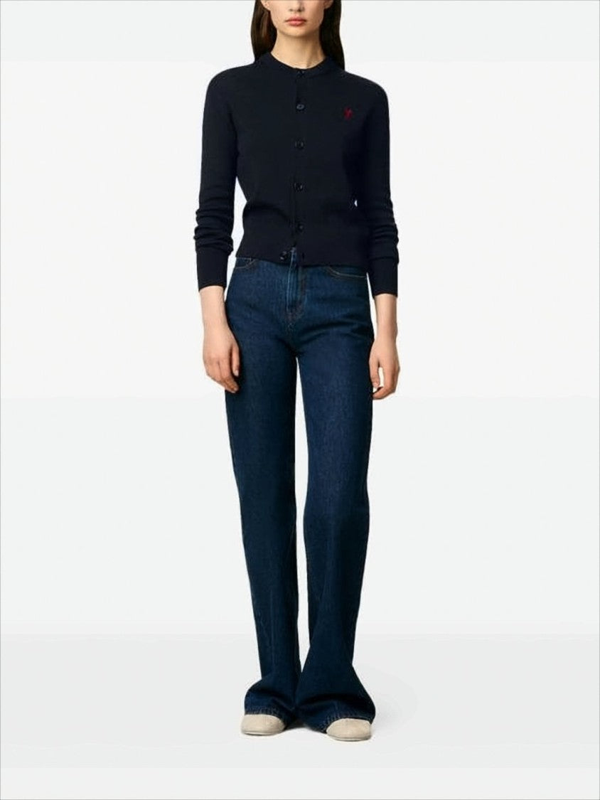 Ami Cropped Wool Cardigan With Embroidered Heart Detail