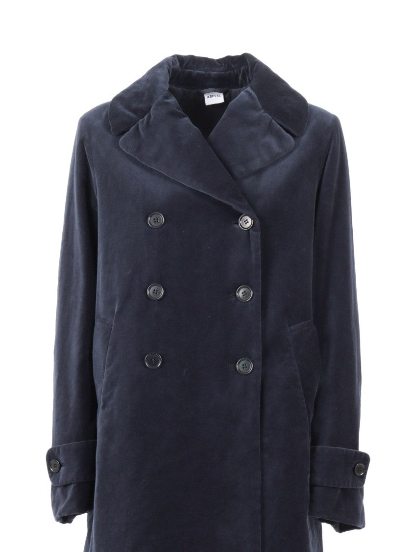 Aspesi Double-Breasted Long Coat With Velvety Texture