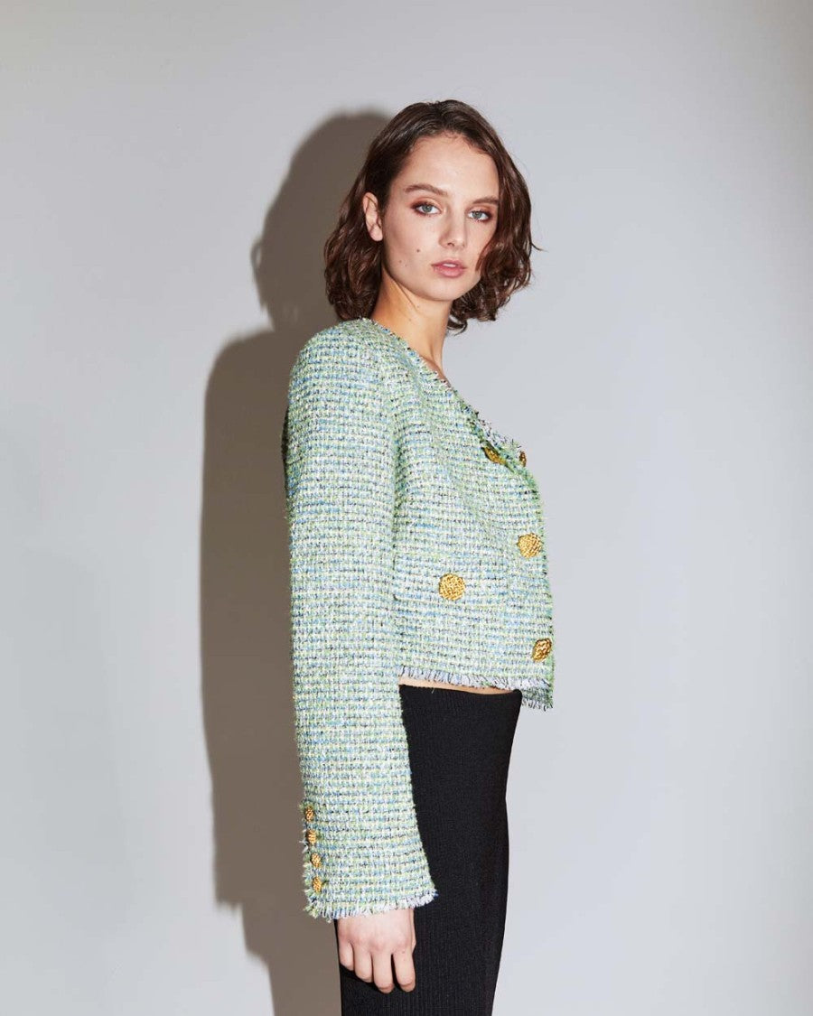 Self-Portrait Green Boucle Cropped Jacket