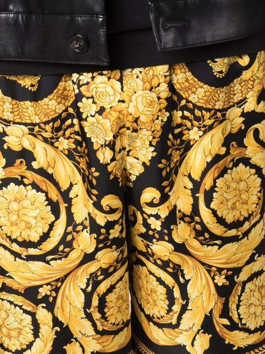 Versace Knee-Length Black And Gold Silk Shorts With Barocco Print