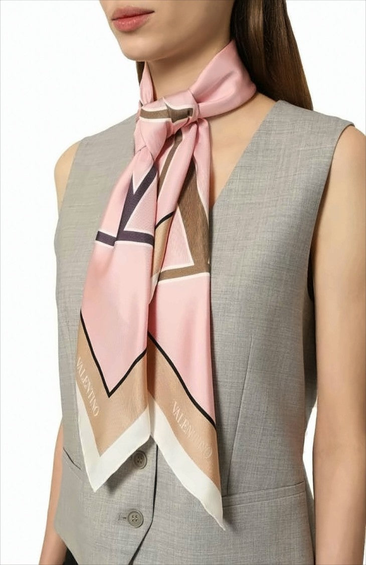 Valentino Garavani Silk Scarf With Overlapping Letters And Framed Edges