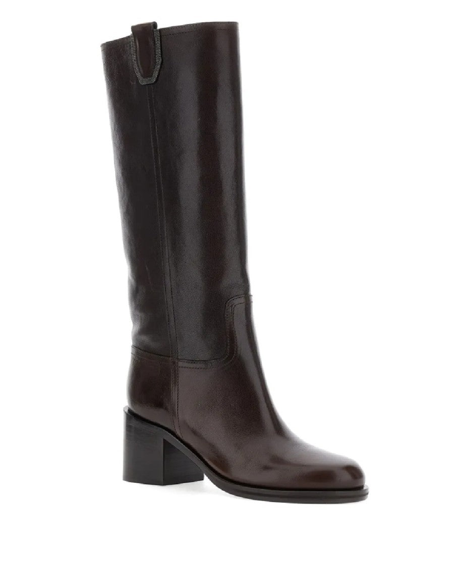 Brunello Cucinelli Polished Leather Mid-Calf Boots With Block Heel