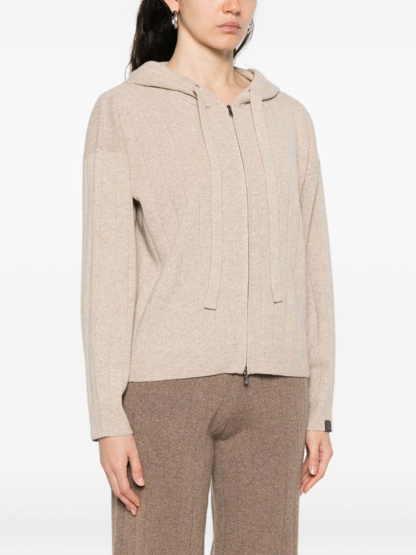 Max Mara Zip-Up Beige Knit Sweater With Hood