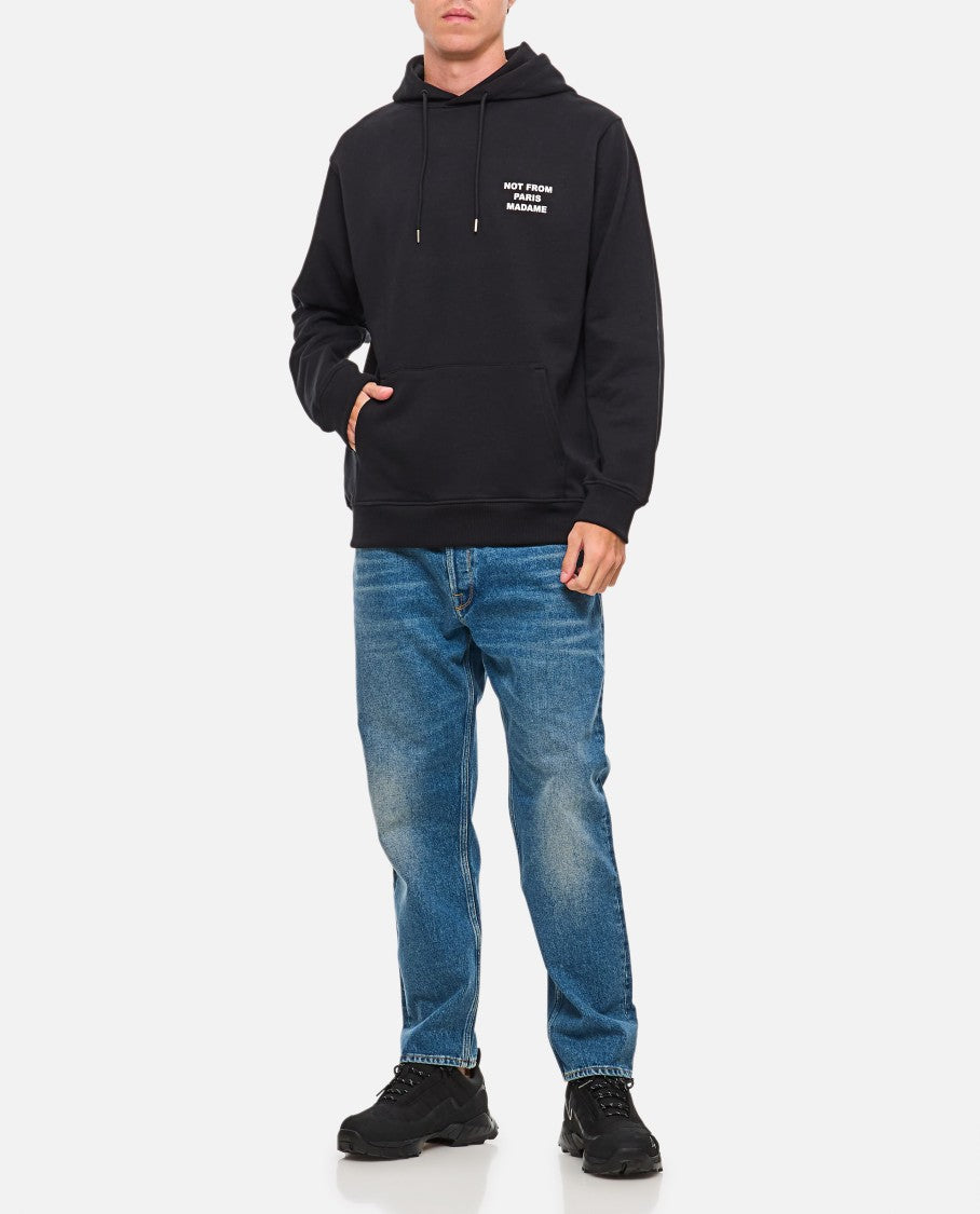 Drôle De Monsieur Classic Black Hoodie With Adjustable Drawstring And Bold Slogan