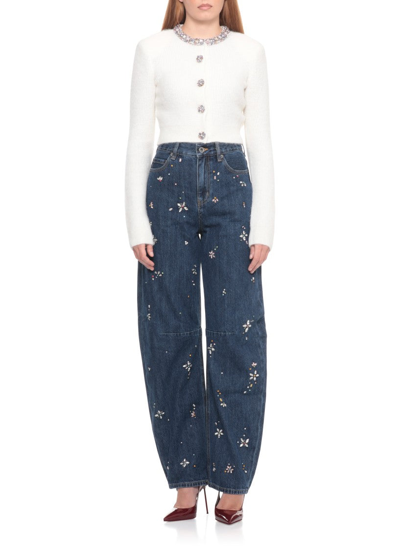 Self-Portrait Cropped Ivory Cardigan With Multicolored Strass Embellishments