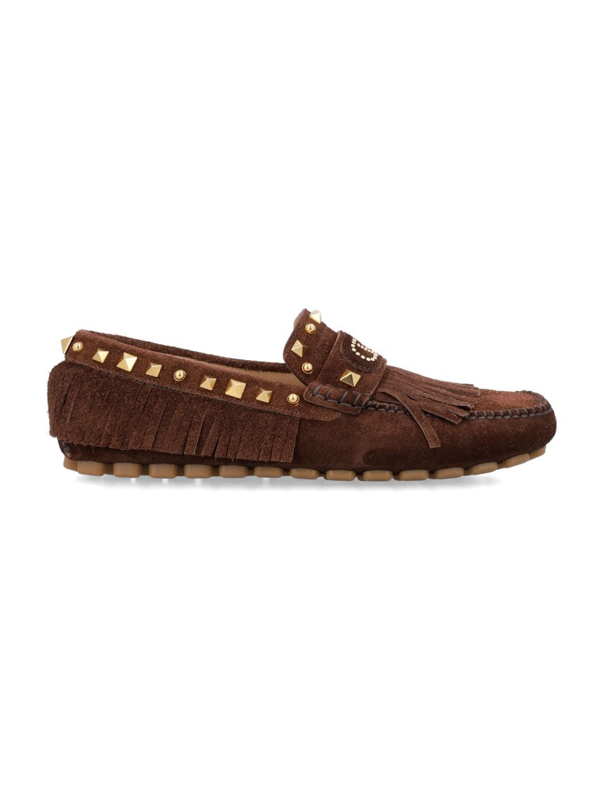 Valentino Garavani Fastway Driver Rich Brown Suede Driving Loafers