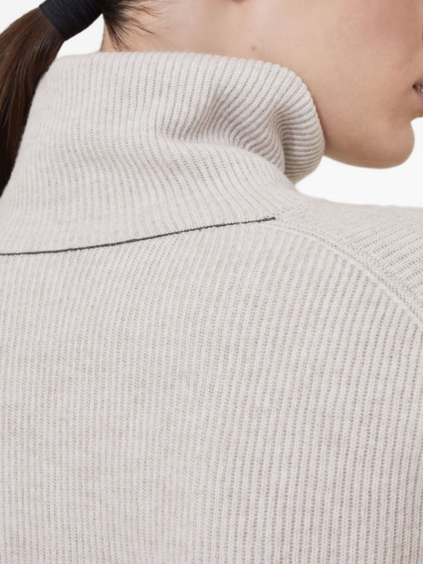 Brunello Cucinelli Ribbed Knit Sweater With High Turtleneck And Dropped Shoulders