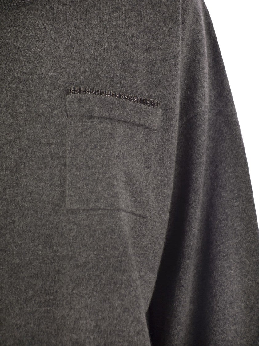 Brunello Cucinelli Cashmere Sweater With Breast Pocket And Necklace