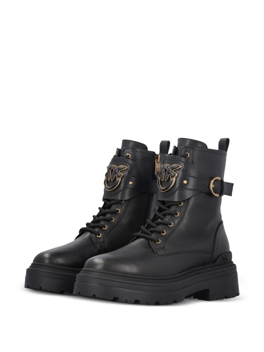 Pinko Chunky Platform Black Leather Boots With Decorative Buckle