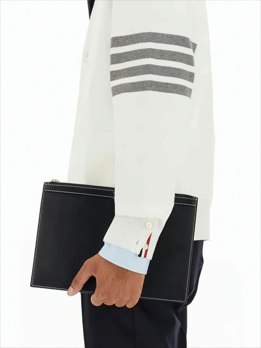 Thom Browne Minimalist White Cotton Cardigan With Ribbed Cuffs And Tricolor Detail