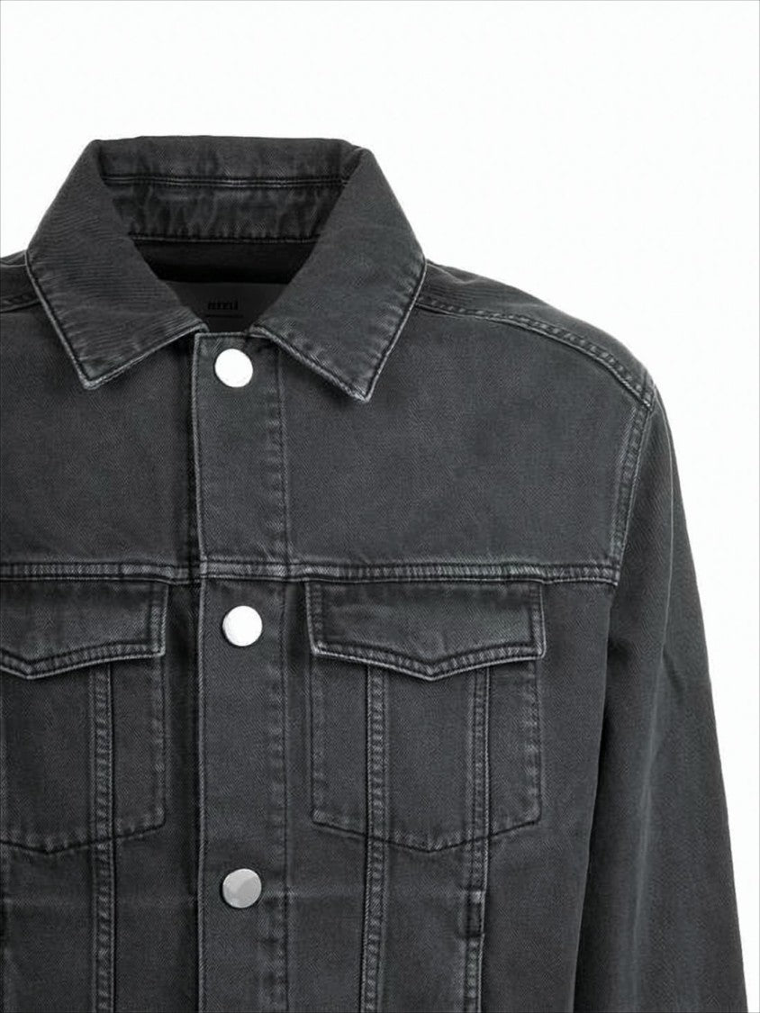Ami Cropped Denim Jacket With Classic Collar And Metallic Buttons
