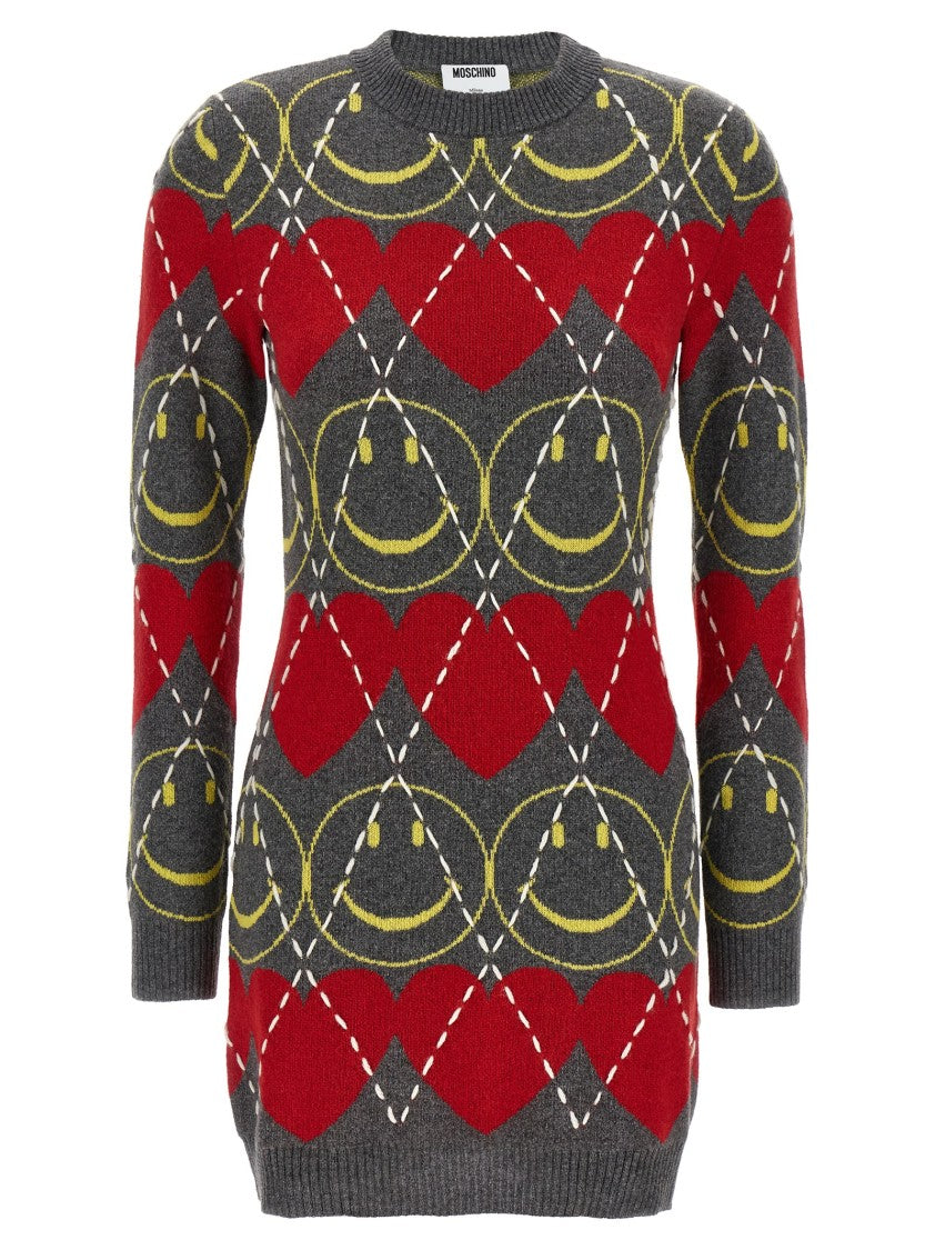 Moschino Wool Blend Mini Dress With Diamond-Stitched Pattern