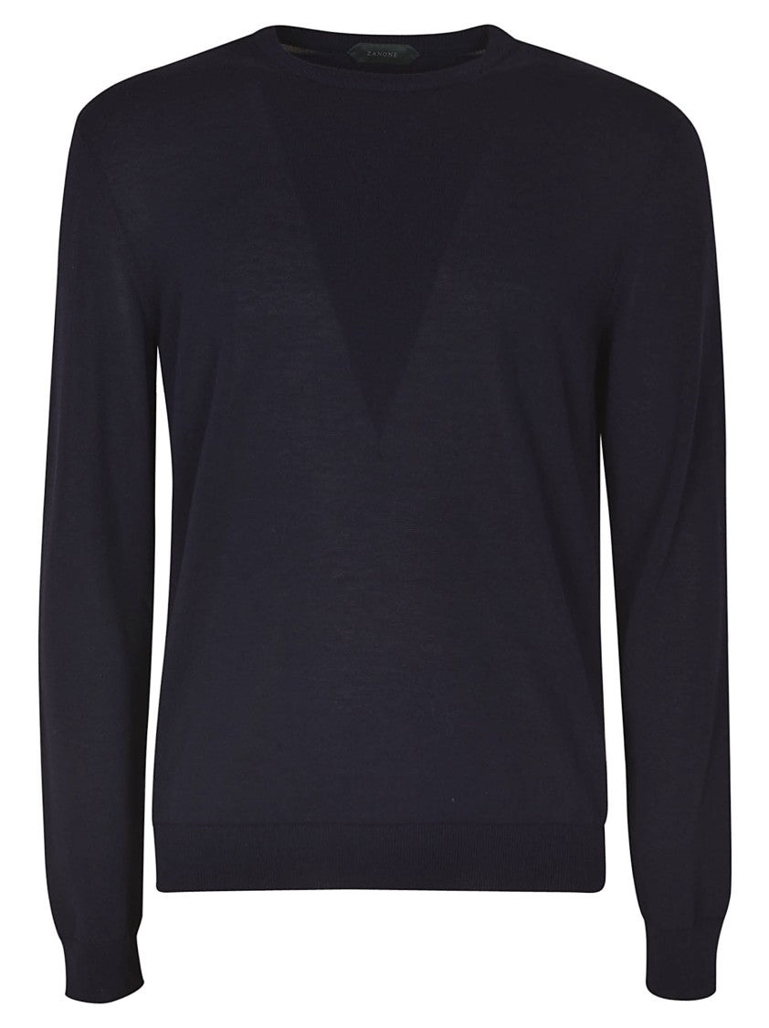 Zanone Crew Neck Cotton Sweater With Subtle V-Shaped Design