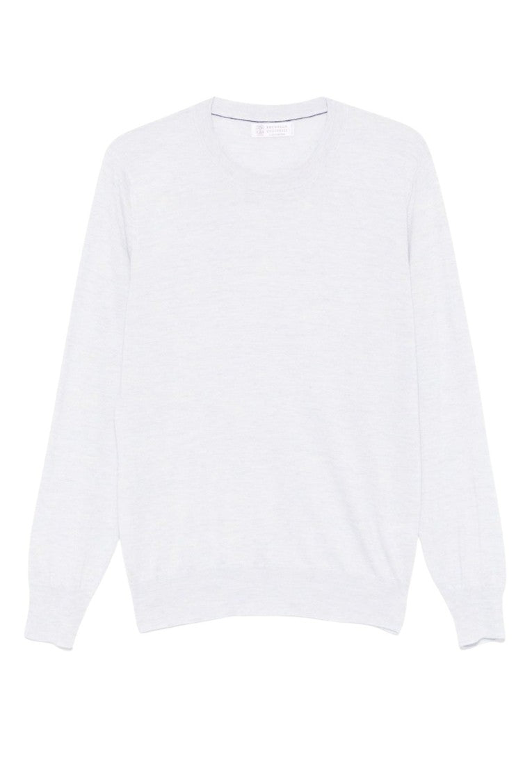 Brunello Cucinelli White Wool-Silk Blend Crew Neck Long Sleeve Knitwear