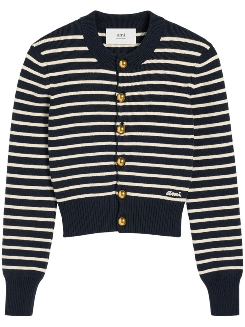 Ami Cropped Blue Cardigan With Striped Pattern