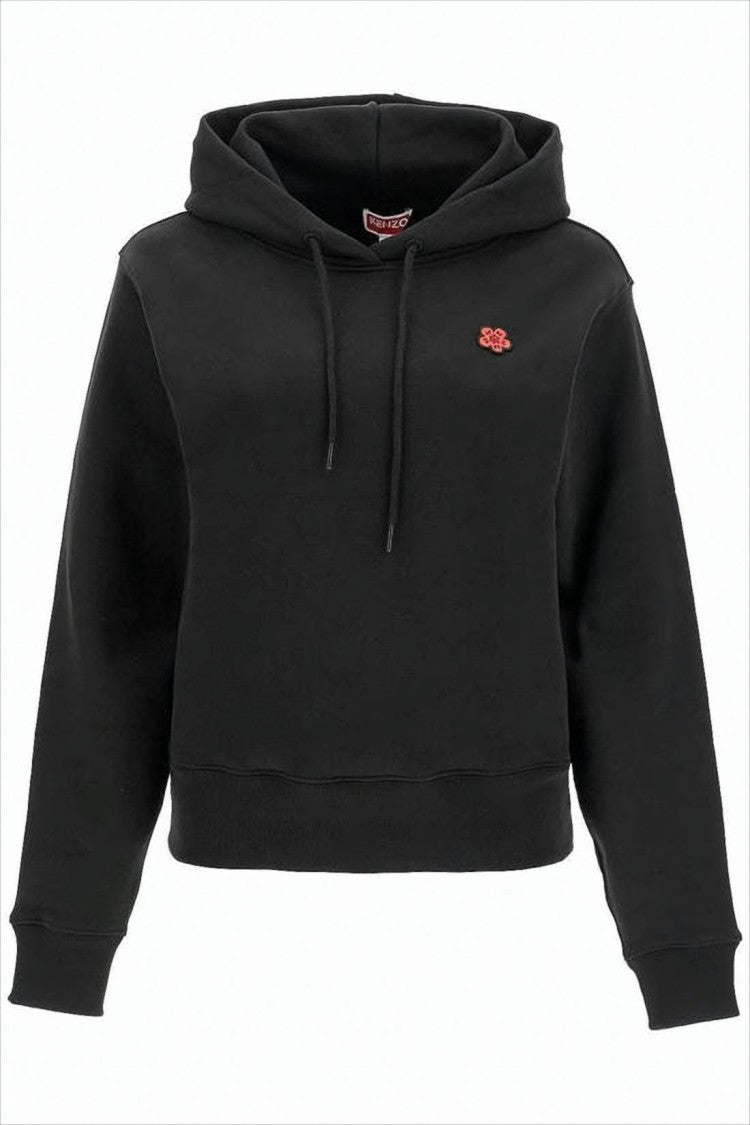 Kenzo Cropped Black Hoodie With Floral Emblem And Graphic Design