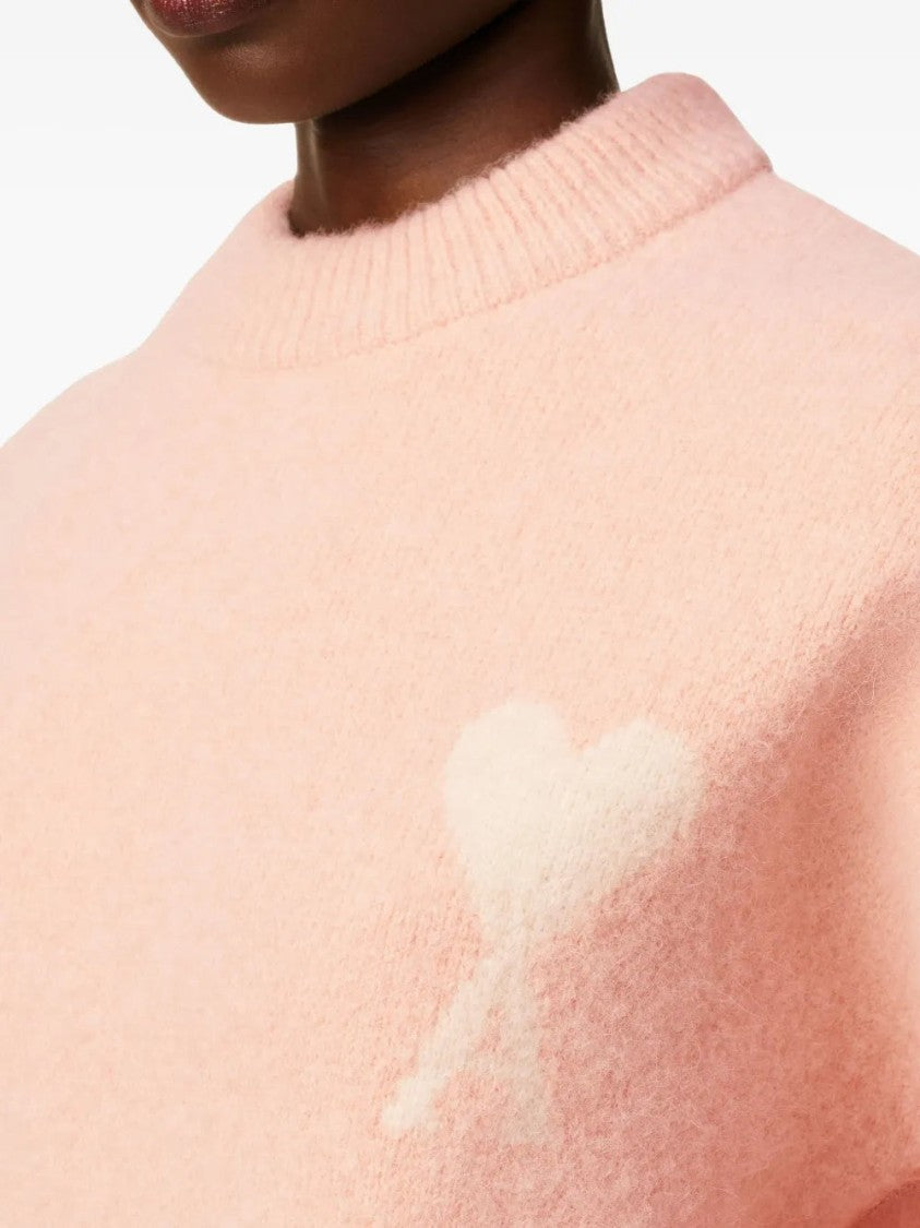 Ami Wool Sweatshirt With Heart Detail And Ribbed Finishing