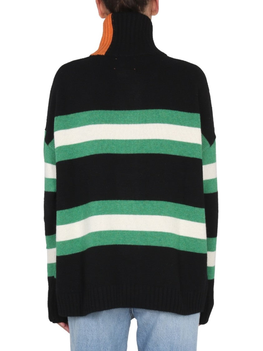 Right For High Neck Button Closure Striped Cardigan
