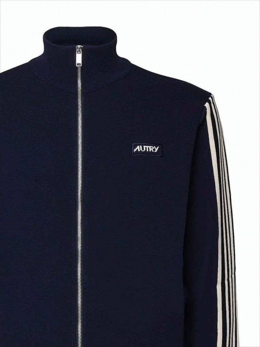 Autry High-Collar Blue Jacket With Vertical Stripes And Ribbed Cuffs