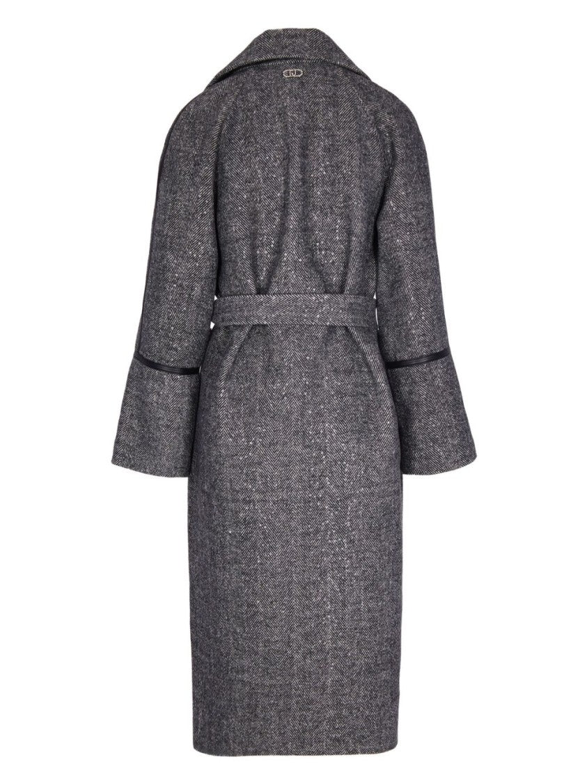 Liu Jo Mid-Length Textured Herringbone Coat With Belt