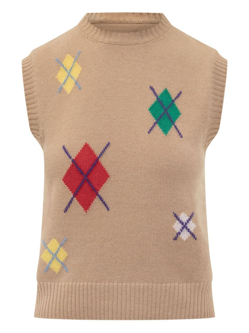 Msgm Sleeveless Knit Sweater With Diamond Pattern