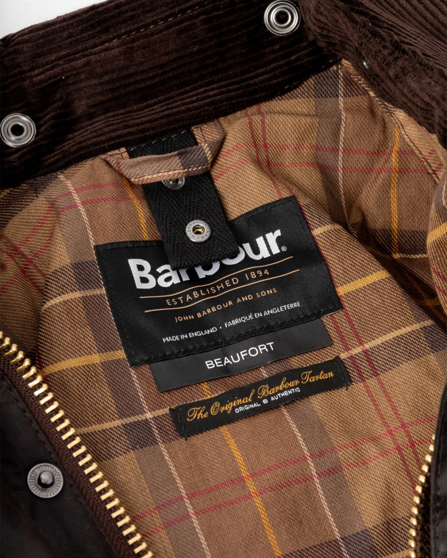 Barbour Beaufort Waxed Cotton Jacket With Corduroy Collar And Multiple Pockets
