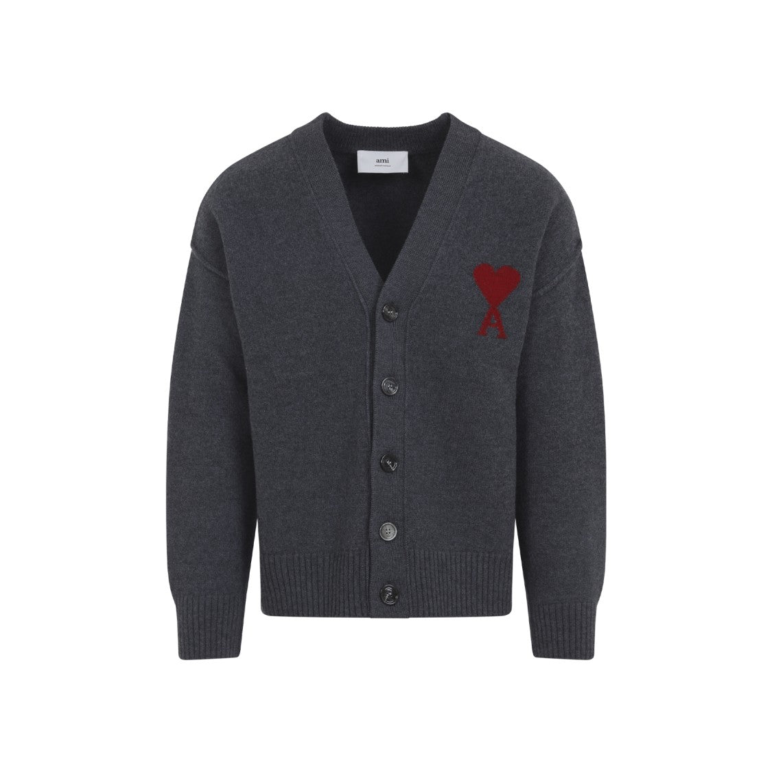 Ami Dark Grey Wool Cardigan With Embroidered Heart Detail