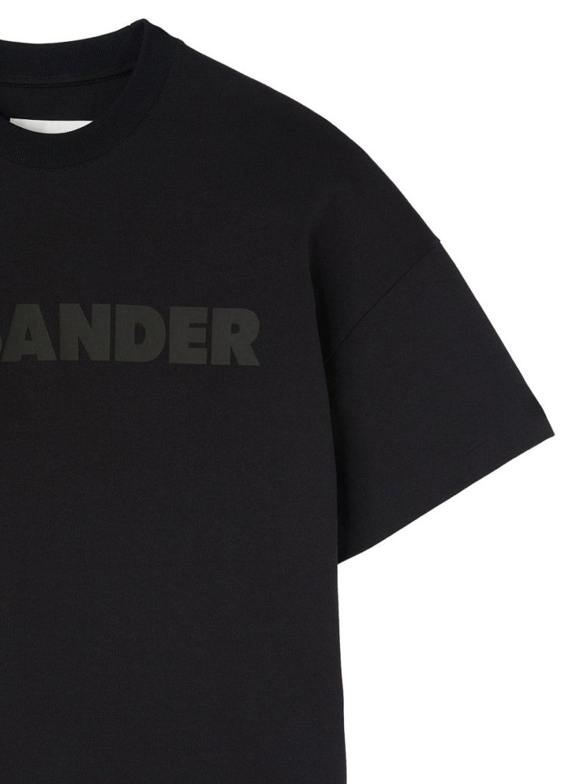 Jil Sander Round Neck Black Cotton T-Shirt With Tonal Logo Print