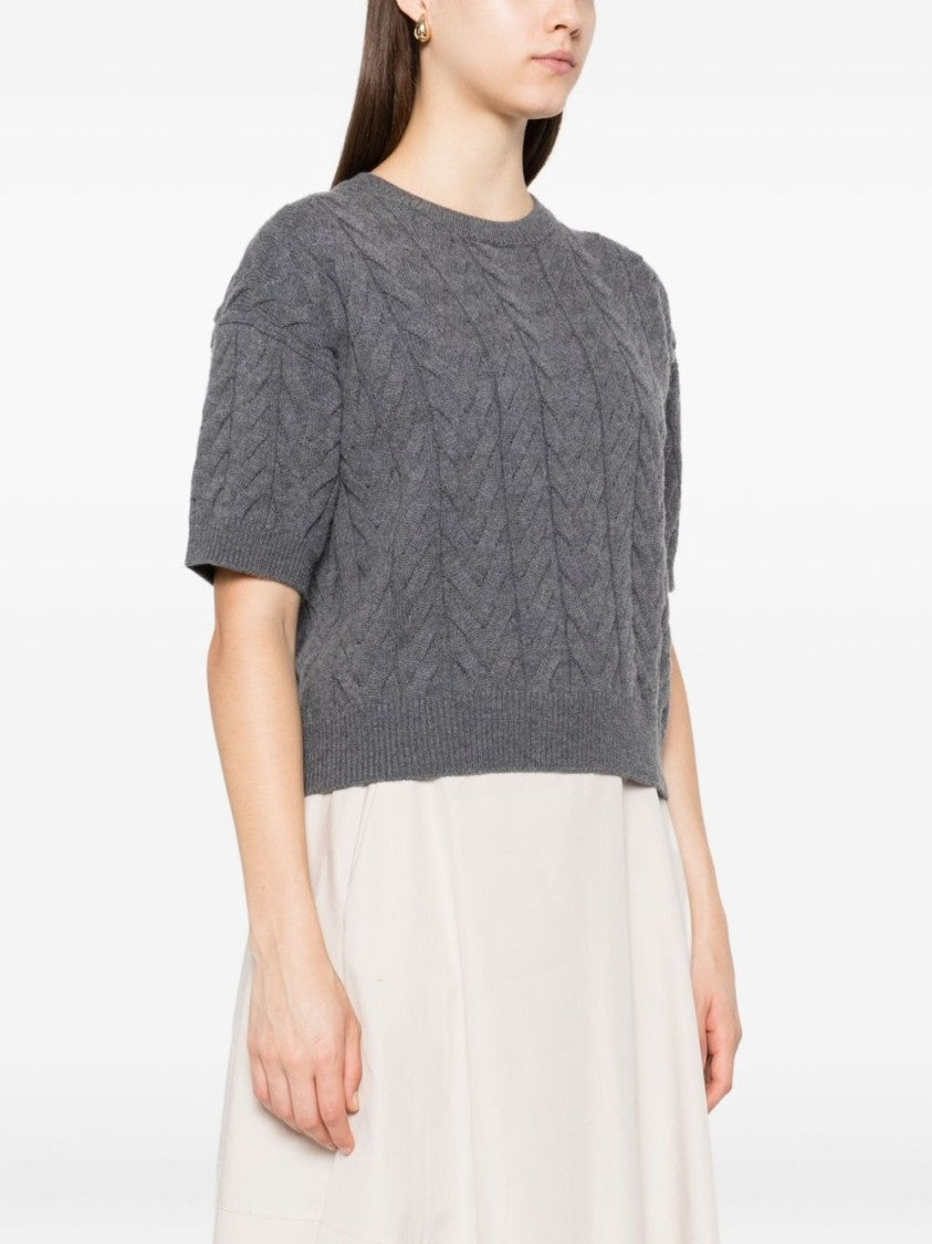 Max Mara Cropped Grey Cable Knit Sweater With Round Neckline