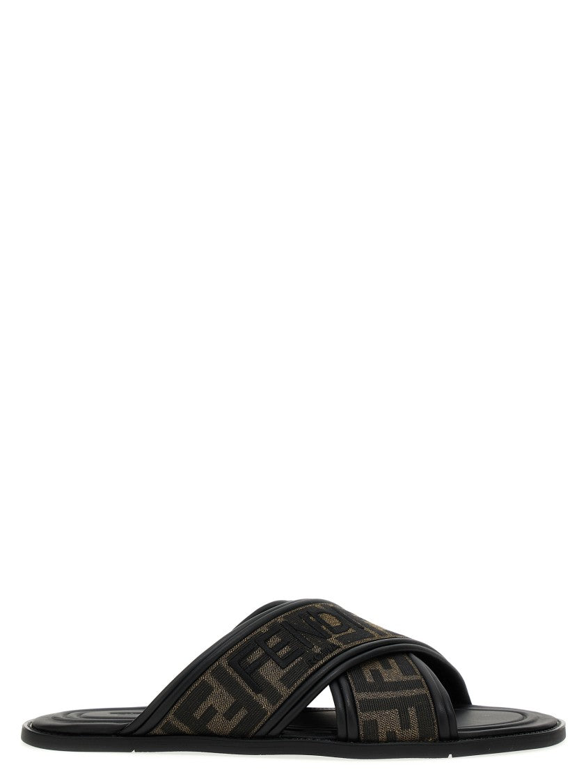 Fendi Double Crossed Band Logo Slides With Jacquard Ff Design