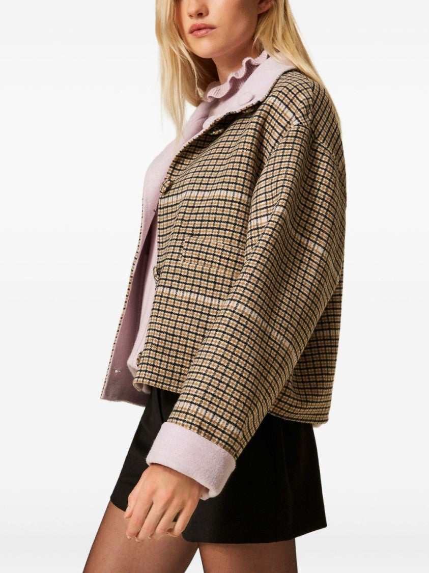 Twin-Set Boxy Cropped Jacket With Checked Pattern
