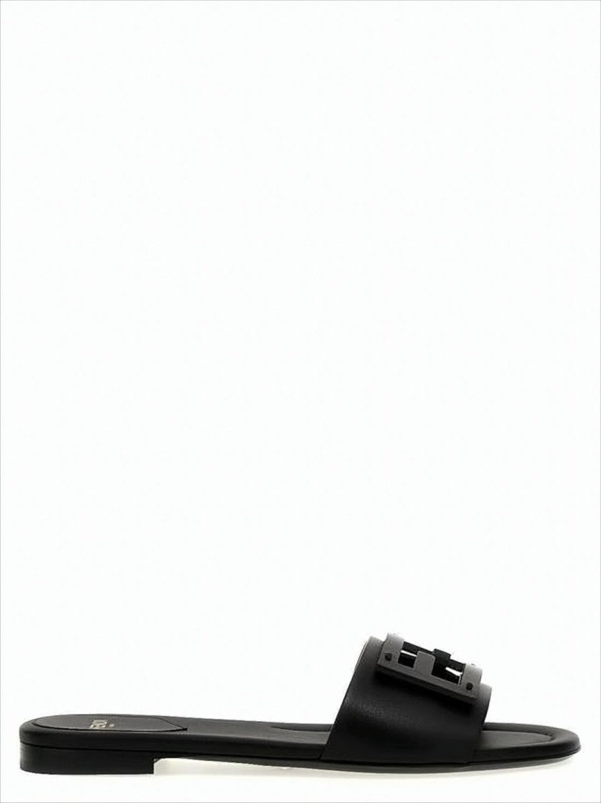 Fendi Cut-Out Logo Slide Sandals In Black Calf Leather