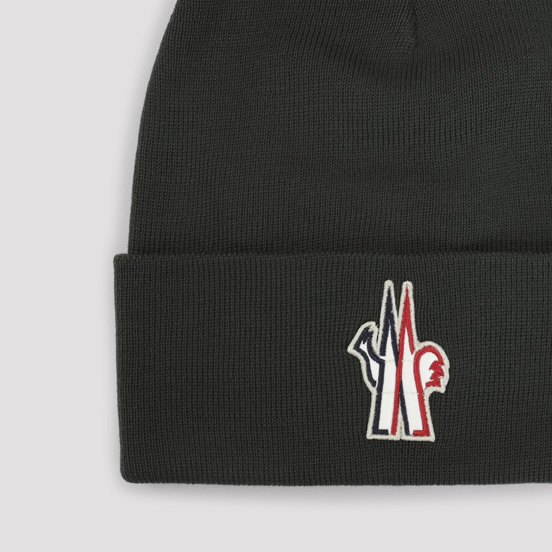 Moncler Grenoble Olive Green Virgin Wool Knitted Hat With Logo Patch