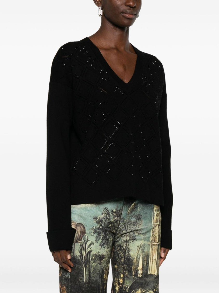 Blugirl Diamond Open Knit V-Neck Black Sweater