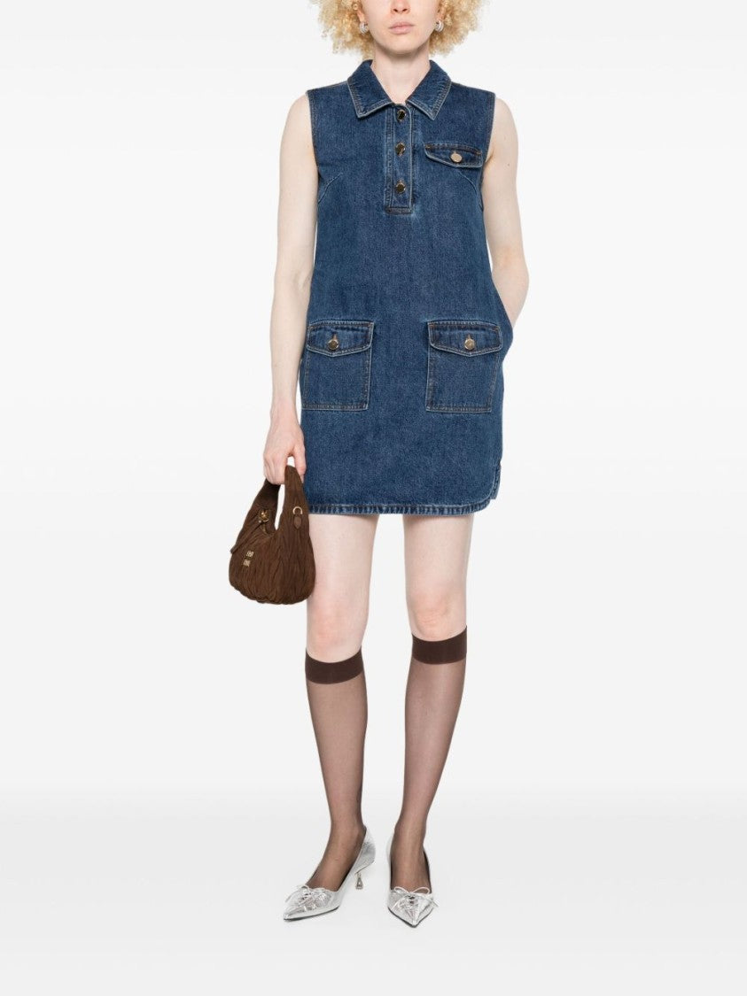 Self-Portrait Indigo Blue Sleeveless Mini Dress With Classic Spread Collar