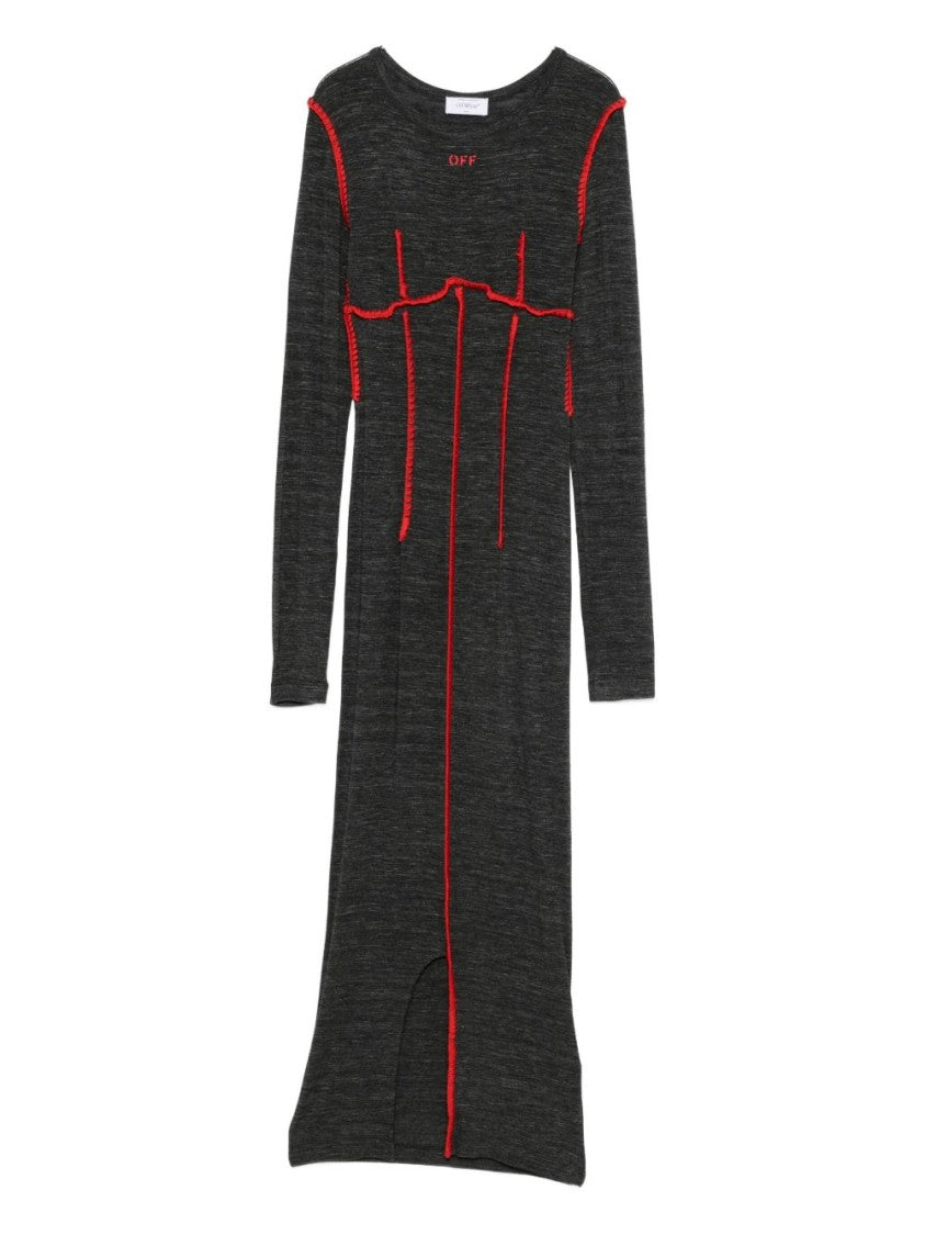 Off-White Fitted Midi Dress With Contrast Stitching