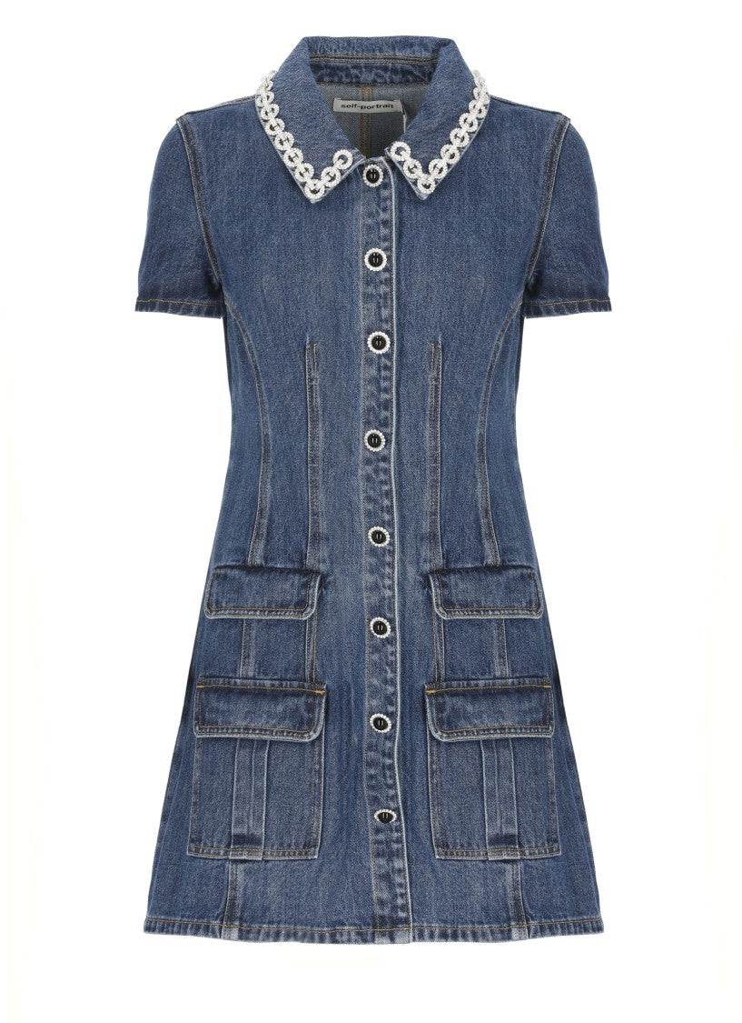 Self-Portrait Fitted Denim Dress With Strass-Detail Collar
