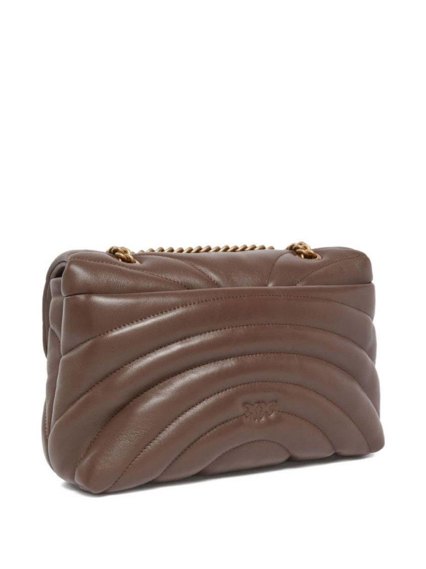 Pinko Quilted Brown Bag With Love Birds Embellishment And Chain Strap