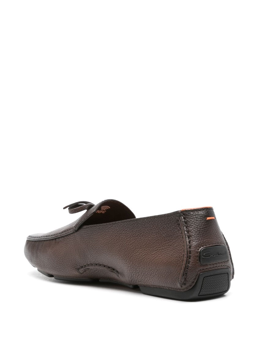 Santoni Brown Textured Leather Loafers With Decorative Bow