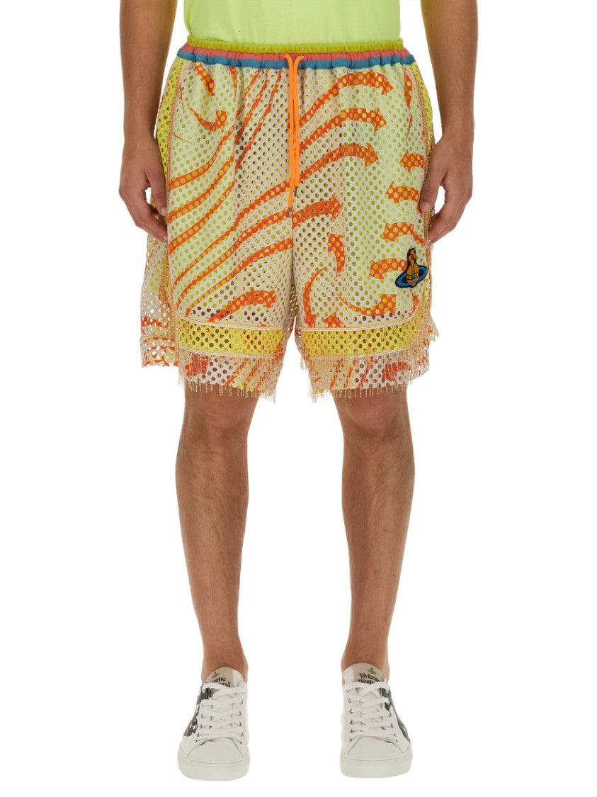 Vivienne Westwood Print Mesh Shorts With Fringed Hem