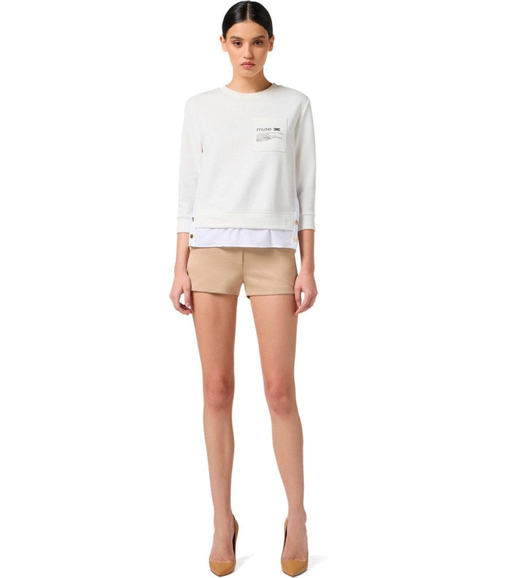 Elisabetta Franchi Ivory Sweatshirt With Poplin Hem And Logo Details