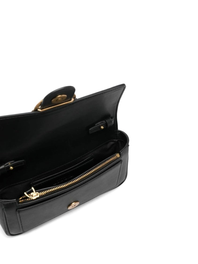 Pinko Structured Black Bag With Gold-Tone Bird Embellishment