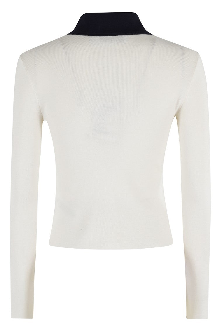 Self-Portrait Cream Merino Wool Cardigan With Polo Collar And Button Closure