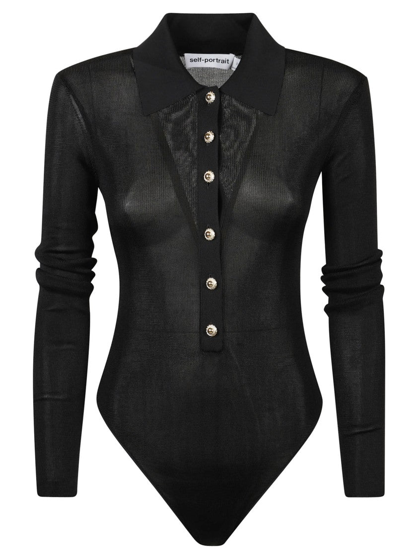 Self-Portrait Fitted Black Top With Deep V-Neckline And Sheer Detailing