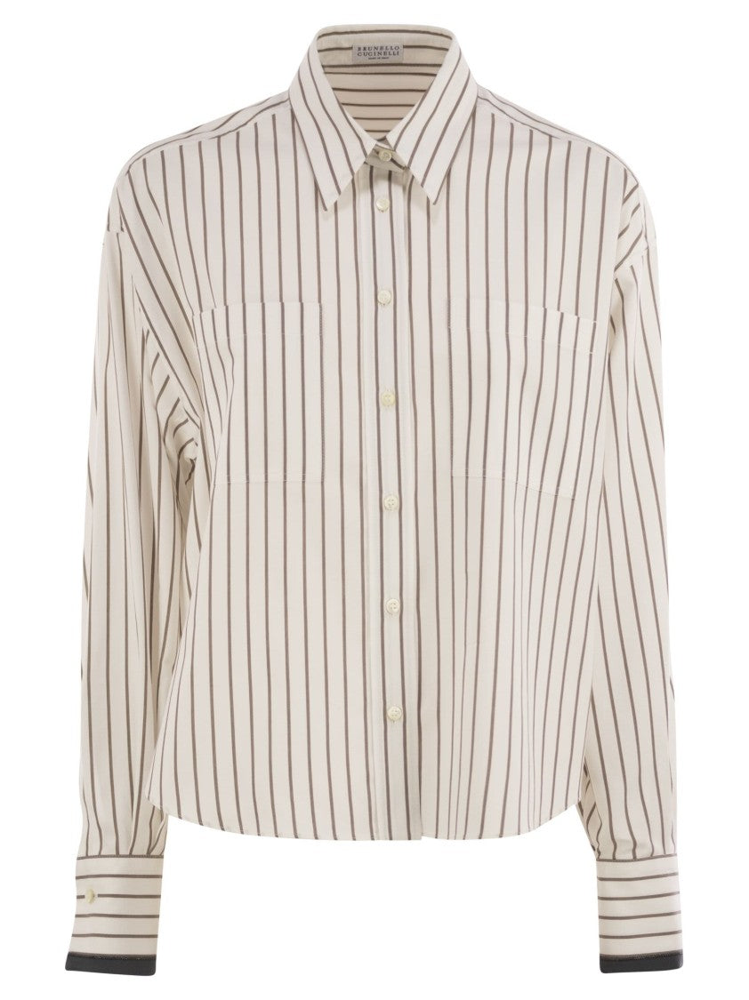 Brunello Cucinelli Striped Cotton Twill Shirt With Shiny Cuffs