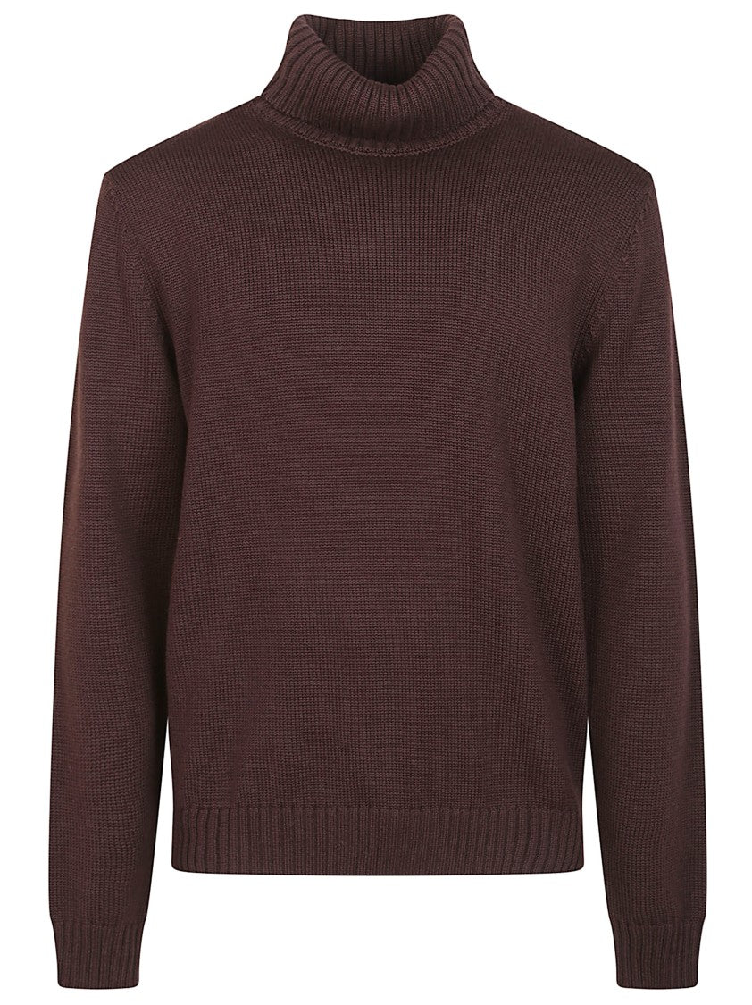 Zanone High-Neck Brown Wool Sweater With Ribbed Detailing